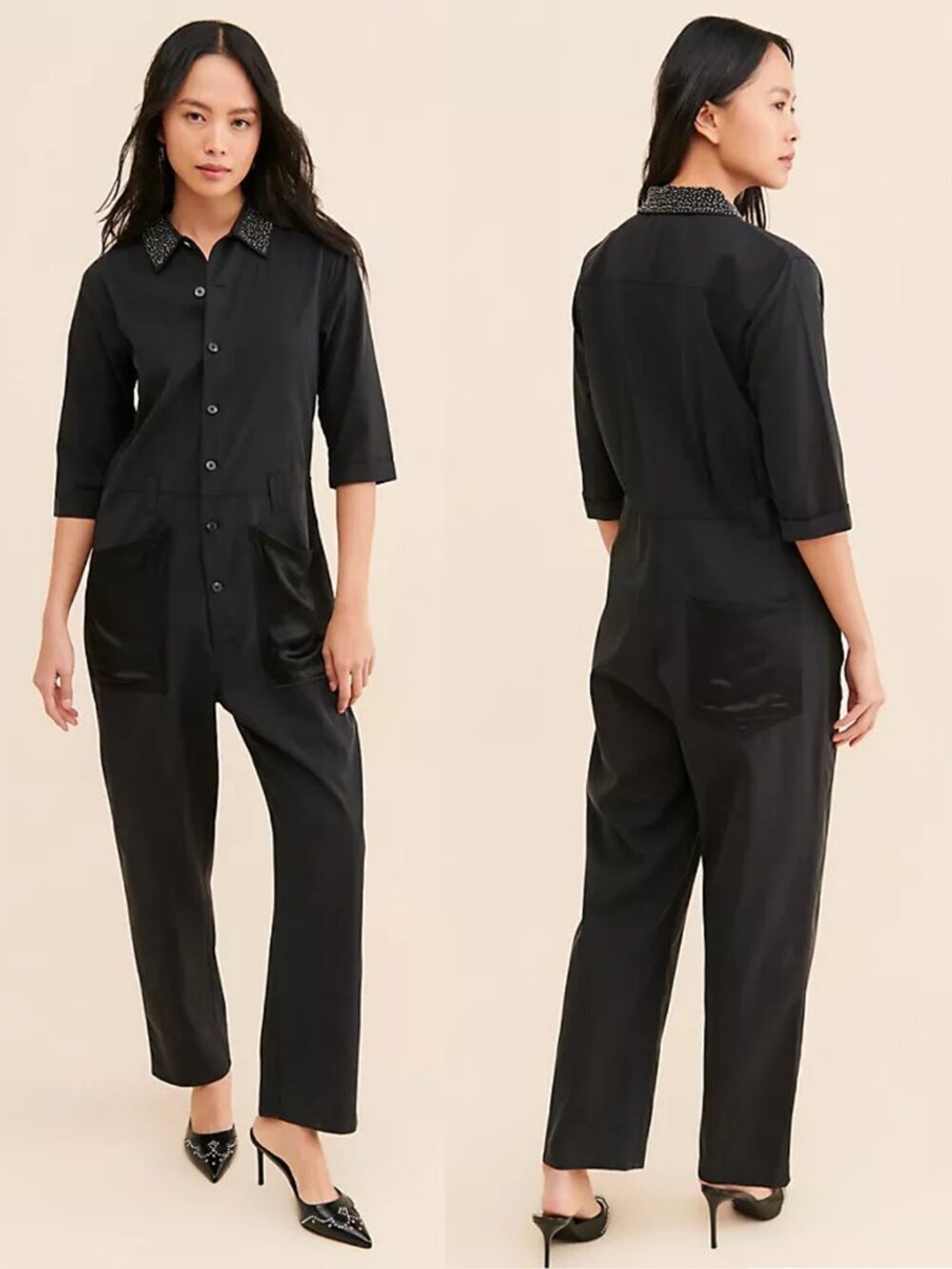 New Scotch & Soda Black Beaded Collar Jumpsuit Size S